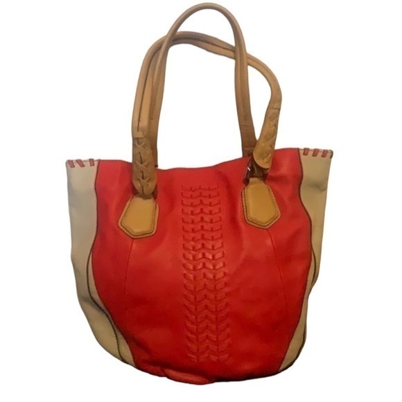 Oryany Tote Purse Lyssie Colorblock Whipstitched Red/ Tan Leather Hobo Bag